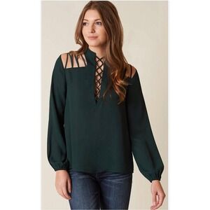 NWT red by BKE Chiffon Cold Shoulder Crisscross Lace-Up Top Women's L Dark Green